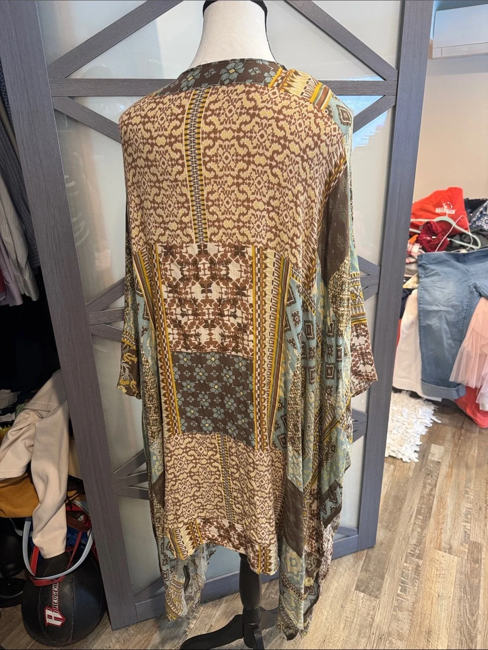 easel Boho Patchwork Kimono Wrap in Teal, Brown & Gold